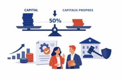 Illustration explicative de la réforme de reconstitution des capitaux propres des sociétés françaises avec la loi DDADUE 3 du 9 mars 2023 et le décret n°2023-657 du 25 juillet 2023, montrant les seuils de capital social, les choix des actionnaires et l’impact sur créanciers et tiers.